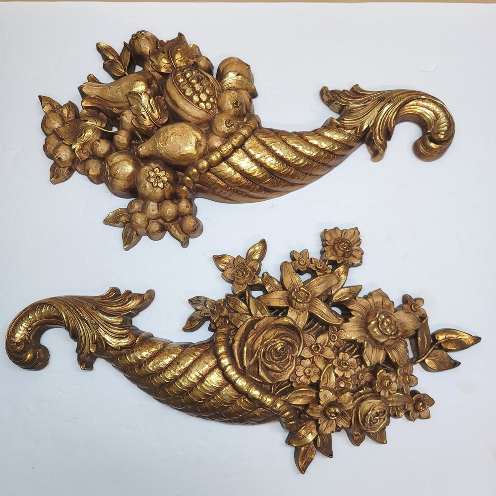 Vintage 1965 Syroco Gold Cornucopia Wall Plaques Fruit Floral Pair 5370 USA